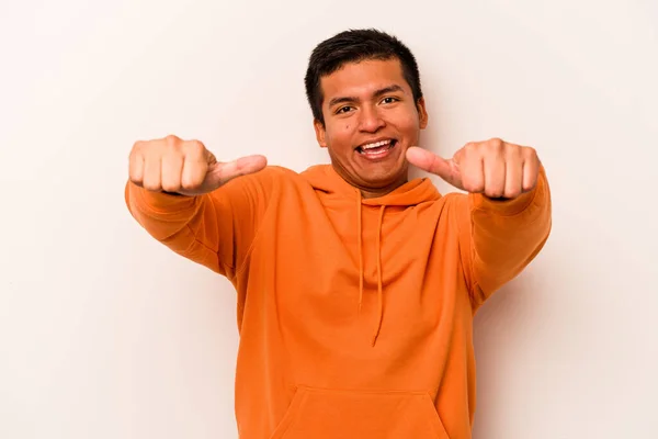 Young Hispanic Man Isolated White Background Raising Both Thumbs Smiling — стоковое фото