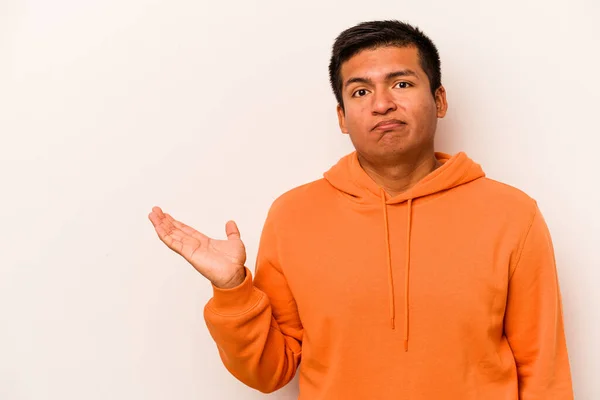 Young Hispanic Man Isolated White Background Showing Copy Space Palm — Stock Photo, Image