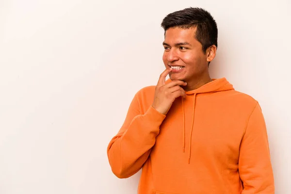 Young Hispanic Man Isolated White Background Relaxed Thinking Something Looking — Stock Photo, Image