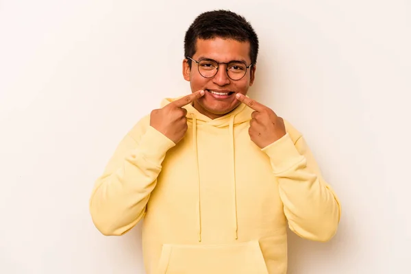 Young Hispanic Man Isolated White Background Smiles Pointing Fingers Mouth — Stock Photo, Image