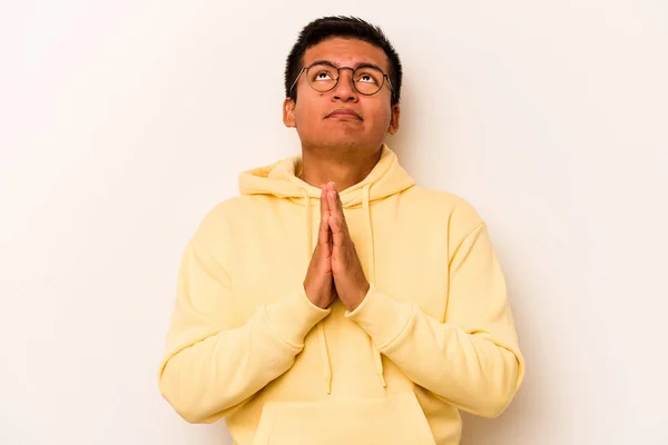 Young Hispanic Man Isolated White Background Holding Hands Pray Mouth — 스톡 사진