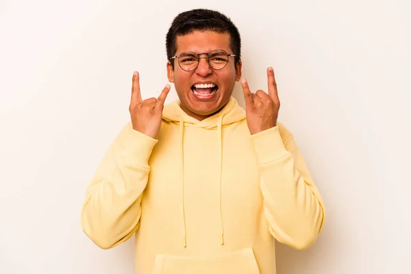 Young Hispanic Man Isolated White Background Showing Horns Gesture Revolution — Stock Photo, Image