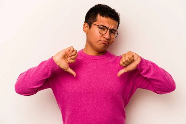 Young Hispanic Man Isolated White Background Showing Thumb Disappointment Concept — 스톡 사진