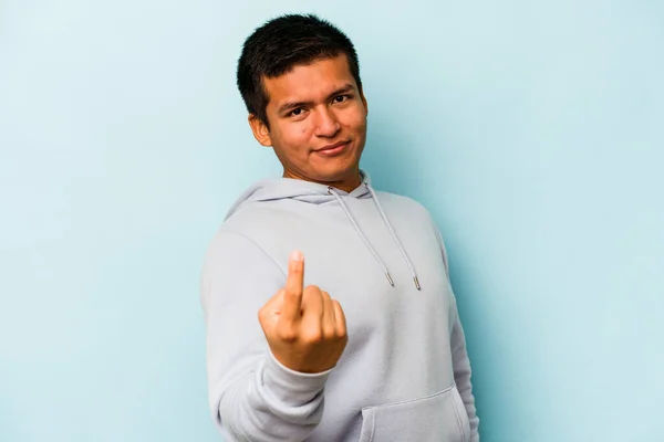 Young Hispanic Man Isolated Blue Background Pointing Finger You Inviting — 스톡 사진