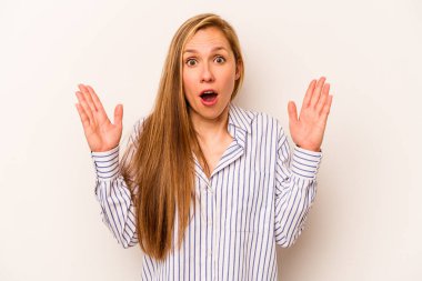 Beyaz arka planda izole genç beyaz kadın bir fikri, ilham konsepti var.