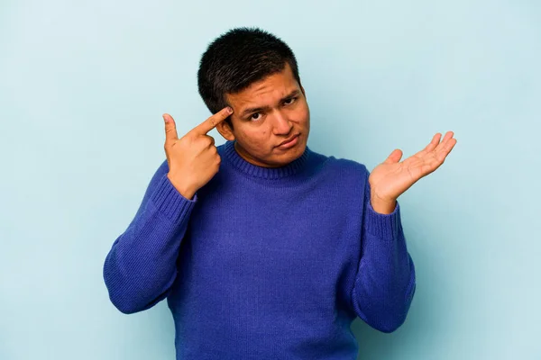 Young Hispanic Man Isolated Blue Background Showing Disappointment Gesture Forefinger — ストック写真