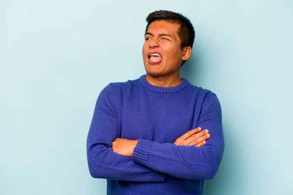 Young Hispanic Man Isolated Blue Background Funny Friendly Sticking Out — 스톡 사진