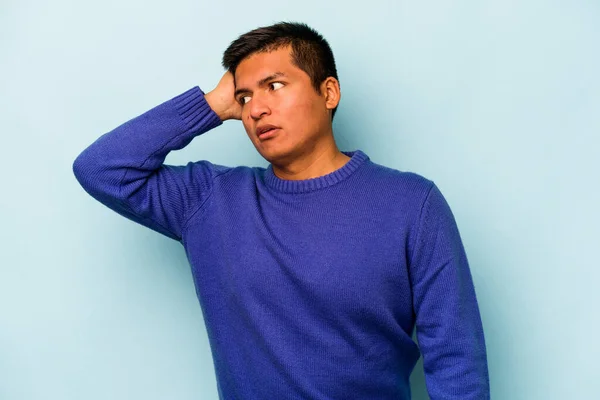 Young Hispanic Man Isolated Blue Background Being Shocked She Has — 스톡 사진
