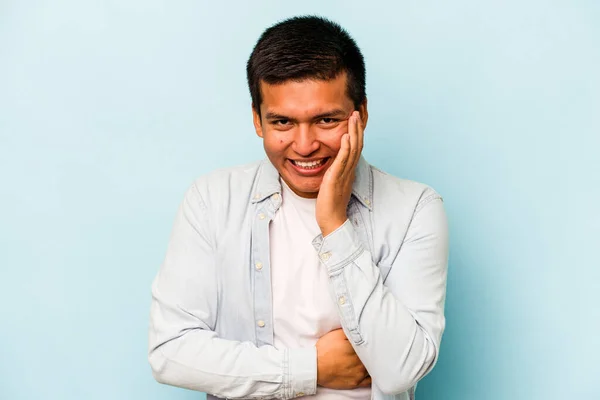 Young Hispanic Man Isolated Blue Background Laughs Happily Has Fun — 스톡 사진