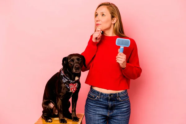 Mulher Caucasiana Jovem Pentear Cão Isolado Fundo Rosa Olhando Para — Fotografia de Stock