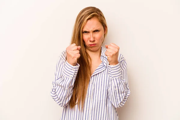 Young Caucasian Woman Isolated White Background Showing Fist Camera Aggressive — Stock Photo, Image