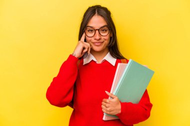 Genç İspanyol öğrenci, sarı arka planda izole edilmiş. Şakağı işaret ediyor, düşünüyor, bir göreve odaklanıyor..