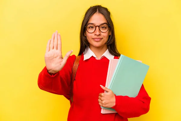 Young Student Hispanic Woman Isolated Yellow Background Standing Outstretched Hand — стоковое фото