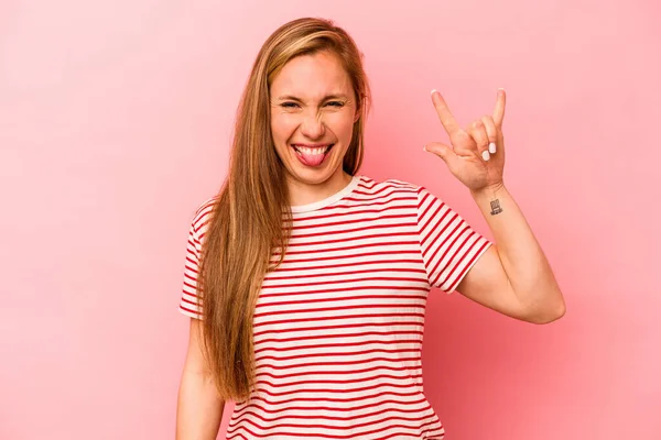 Young Caucasian Woman Isolated Pink Background Showing Horns Gesture Revolution — Stock Photo, Image