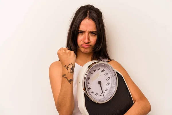 Young Hispanic Woman Holding Scale Isolated White Background Showing Fist — Stock Photo, Image