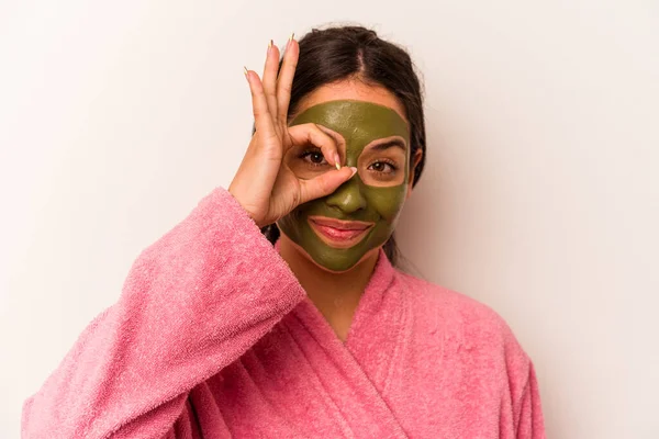 Young Hispanic Woman Wearing Facial Mask Isolated White Background Excited — Stock Photo, Image