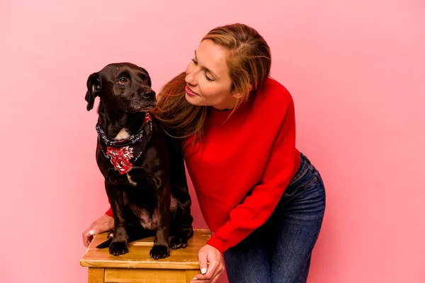 Young Caucasian Woman Her Dog Isolated Pink Background — Fotografia de Stock