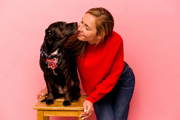 Young Caucasian Woman Her Dog Isolated Pink Background — Fotografia de Stock