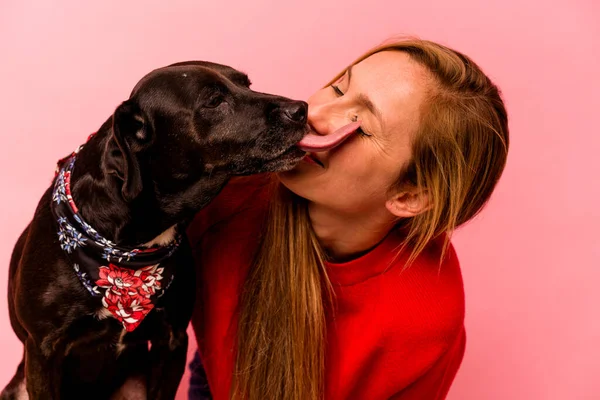 Young Caucasian Woman Her Dog Isolated Pink Background — Fotografia de Stock