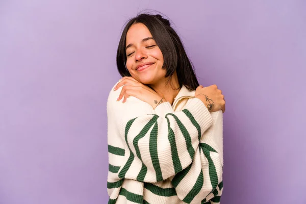 Young Hispanic Woman Isolated Purple Background Hugs Smiling Carefree Happy — 스톡 사진