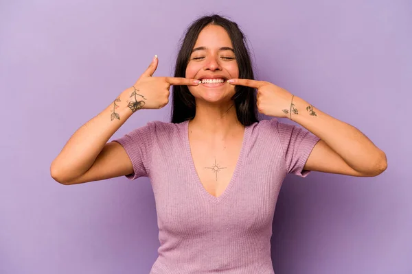 Young Hispanic Woman Isolated Purple Background Smiles Pointing Fingers Mouth — 스톡 사진