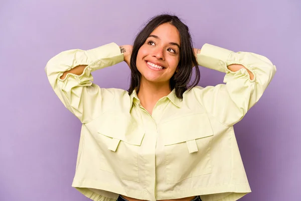 Young Hispanic Woman Isolated Purple Background Feeling Confident Hands Head — 스톡 사진
