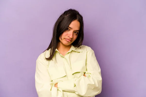 Young Hispanic Woman Isolated Purple Background Who Bored Fatigued Need — Stock Photo, Image