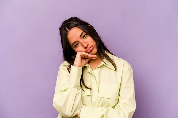 Young Hispanic Woman Isolated Purple Background Tired Repetitive Task — 스톡 사진