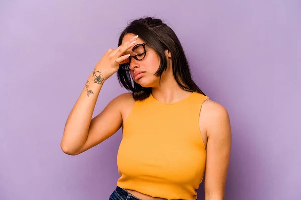 Young Hispanic Woman Isolated Purple Background Having Head Ache Touching — Stock Photo, Image