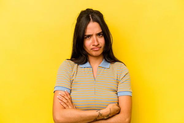 Young Hispanic Woman Isolated Yellow Background Unhappy Looking Camera Sarcastic —  Fotos de Stock