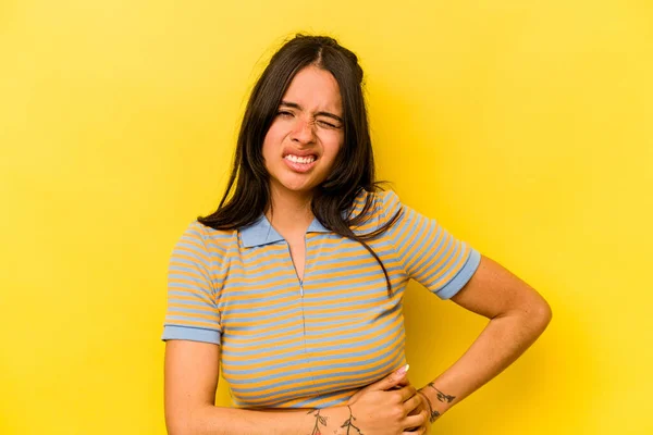 Young Hispanic Woman Isolated Yellow Background Having Liver Pain Stomach — 스톡 사진