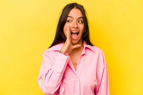 Young Hispanic Woman Isolated Yellow Background Shouting Excited Front — стоковое фото
