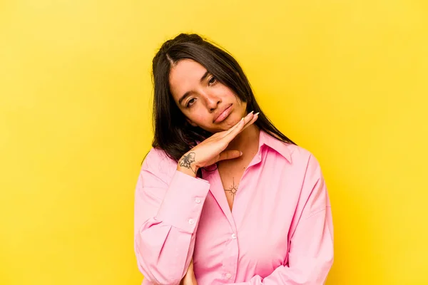 Young Hispanic Woman Isolated Yellow Background Tired Repetitive Task — Stock Photo, Image