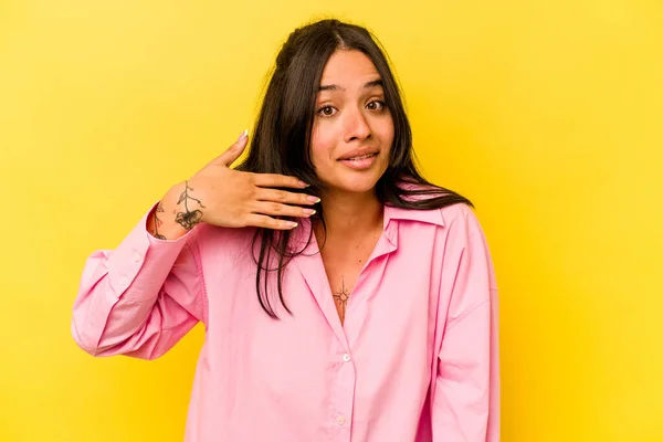 Young Hispanic Woman Isolated Yellow Background Laughing Something Covering Mouth — 스톡 사진