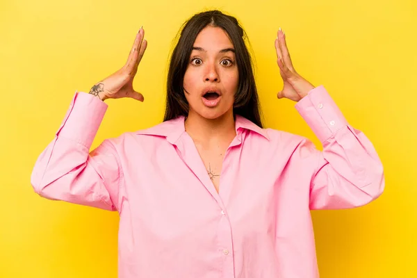 Young Hispanic Woman Isolated Yellow Background Celebrating Victory Success Surprised — 스톡 사진