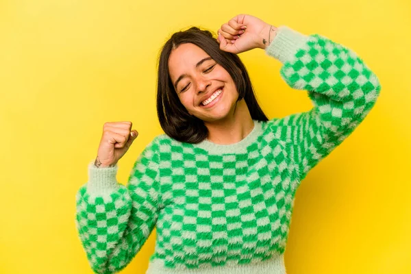 Young Hispanic Woman Isolated Yellow Background Celebrating Special Day Jumps — Foto de Stock