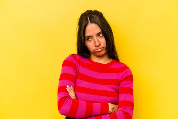 Young Hispanic Woman Isolated Yellow Background Tired Repetitive Task — стоковое фото