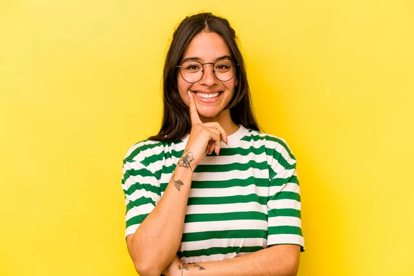 Young Hispanic Woman Isolated Yellow Background Smiling Happy Confident Touching — Foto Stock
