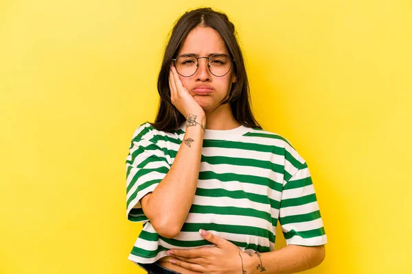 Young Hispanic Woman Isolated Yellow Background Blows Cheeks Has Tired —  Fotos de Stock