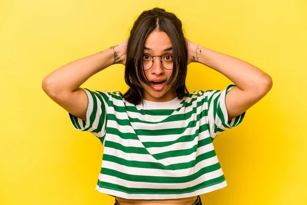 Young Hispanic Woman Isolated Yellow Background Screaming Very Excited Passionate —  Fotos de Stock