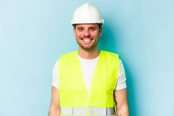Young Laborer Caucasian Man Isolated Blue Background Happy Smiling Cheerful — 스톡 사진