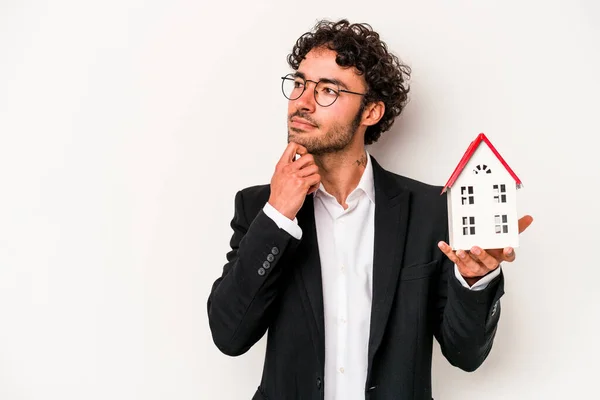 Young Caucasian Business Man Holding Toy House Isolated White Background — Stock Photo, Image