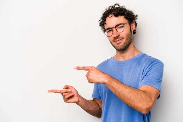 Young Caucasian Man Isolated White Background Pointing Forefingers Copy Space — Stock Photo, Image