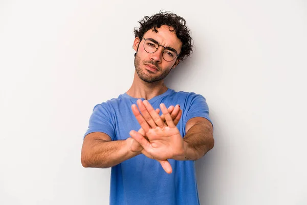 Young Caucasian Man Isolated White Background Standing Outstretched Hand Showing — Stock Photo, Image