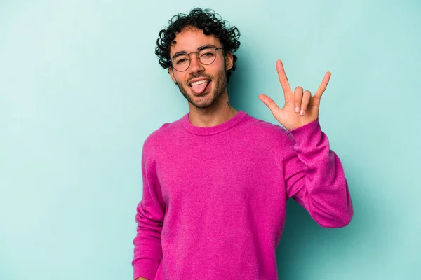 Young Caucasian Man Isolated White Background Showing Rock Gesture Fingers — Stock Photo, Image