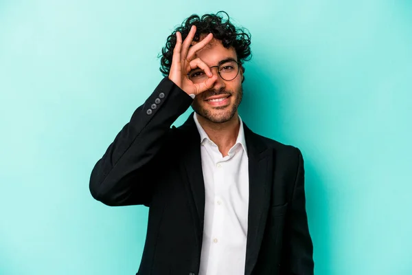 Young Caucasian Business Man Isolated Blue Background Excited Keeping Gesture — Stock Photo, Image