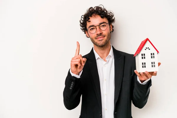 Young Caucasian Business Man Holding Toy House Isolated White Background — Stock Photo, Image