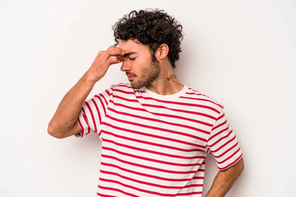Young Caucasian Man Isolated White Background Having Head Ache Touching — Stock Photo, Image