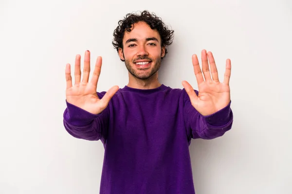 Jovem Caucasiano Isolado Fundo Branco Mostrando Número Dez Com Mãos — Fotografia de Stock