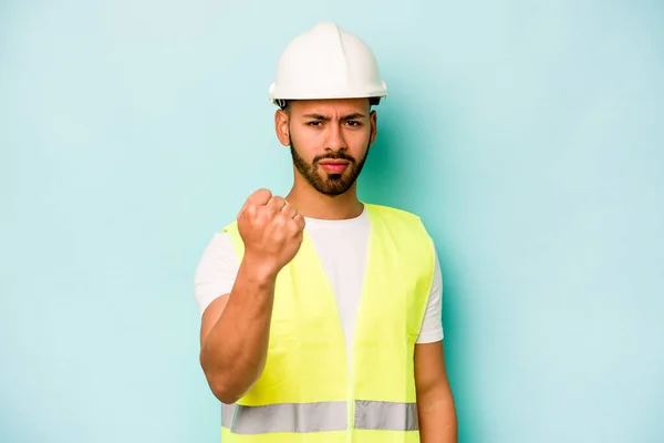 Young Laborer Hispanic Man Isolated Blue Background Showing Fist Camera — 스톡 사진